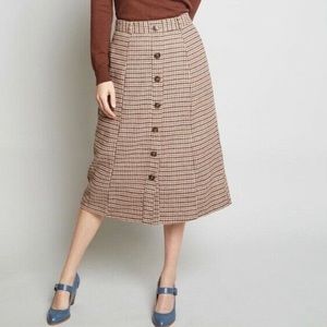 Modcloth Brown Houndstooth Button Front Wool Blend A-Line Midi Skirt M Lined